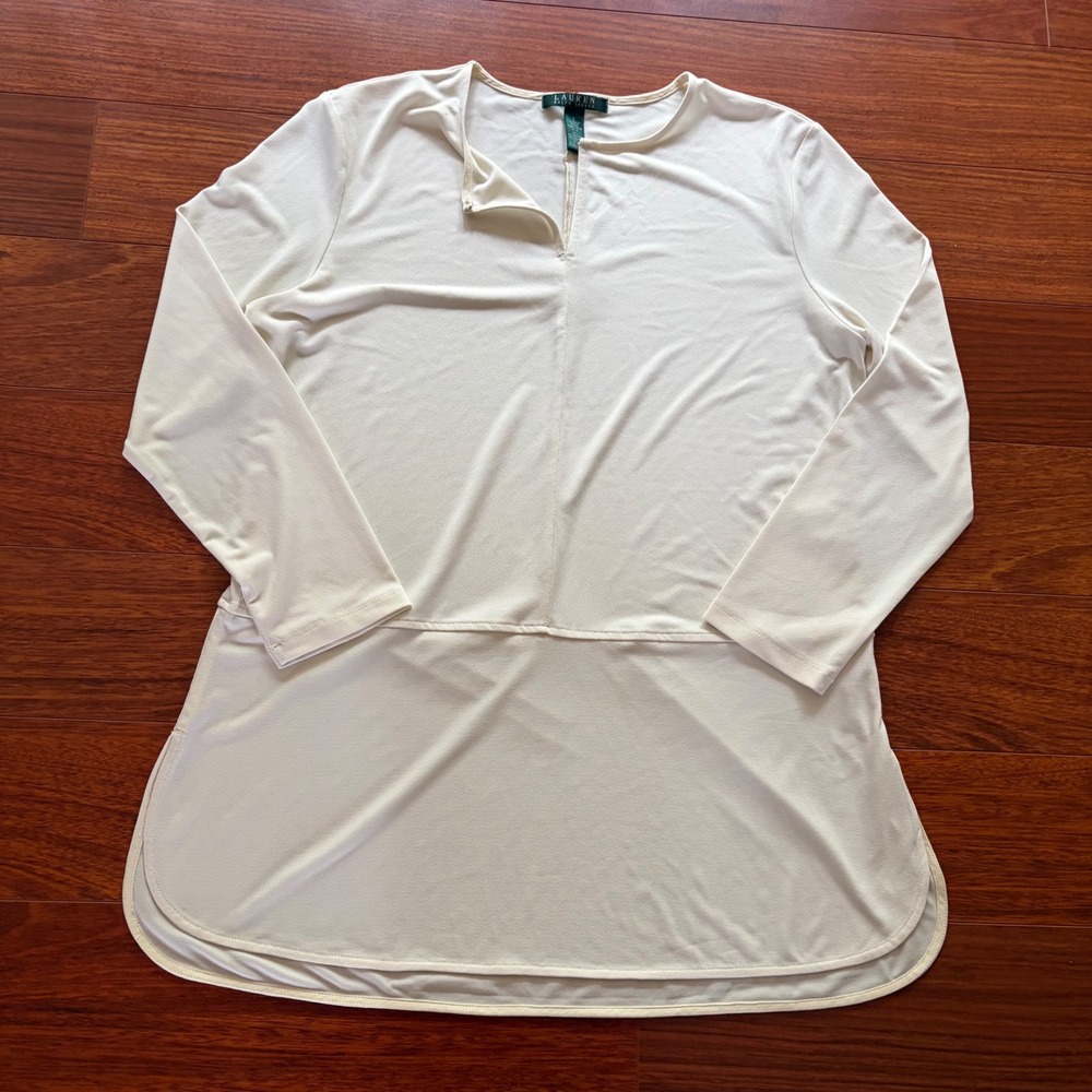 Y2K Lauren Ralph Lauren Cream Long Sleeve Keyhole Babydoll Tunic Top Minimalist